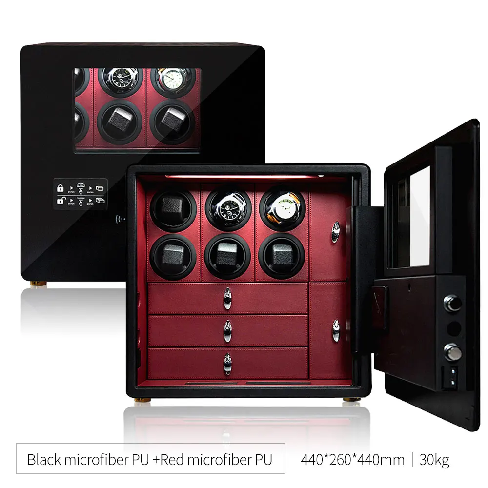 Интеллектуальный сейф, коробка для намотки часов 6 и хранение ювелирных изделий с взрывозащищенным стеклянным окном Theftproof strongbox safety - Цвет: Black w Red