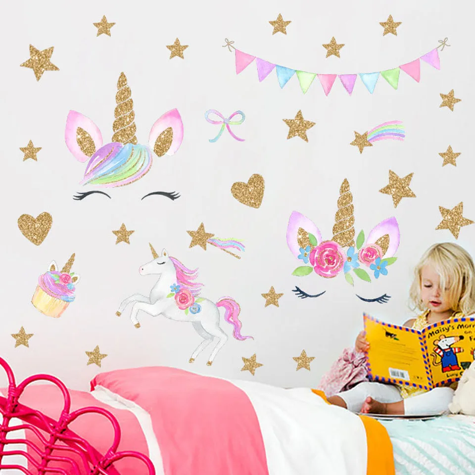 Милые настенные наклейки с единорогом для детской комнаты, комнаты для детской комнаты, Мультяшные животные, воздушные шары, настенные наклейки, украшение детской комнаты