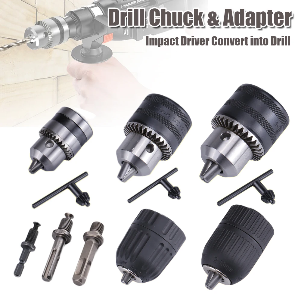 

SDS Plus Drill Chuck & Adapter Convert Impact Driver Screwdriver Into Electric Drill 1/2" & 3/8" Square/Round/Hex Shank