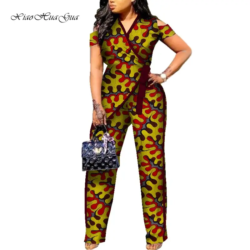 Новинка, женские комбинезоны в африканском стиле, прямые длинные штаны для женщин, боди с высокой талией, одежда плюс африканская одежда, WY6155
