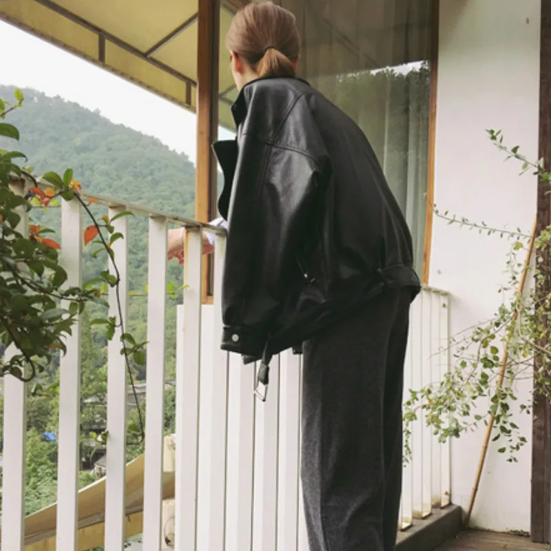 Куртка женская Свободная кожаная куртка однотонная простая Корейская стильная женская одежда универсальная Студенческая высококачественная повседневная мягкая шикарная