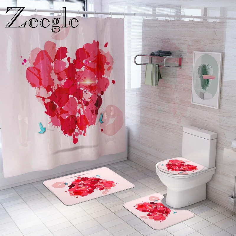 Zeegle Love Heart Print Bath Shower Curtain Bathroom Mat Set Toilet U Type Pedestal Rug Non-slip Toilet Doormat Bath Accessories