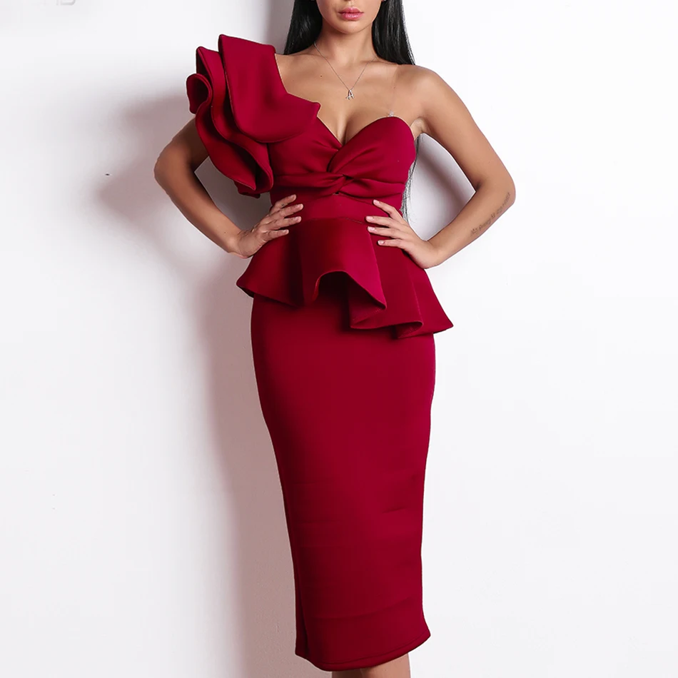 Летнее Новое красное сексуальное платье с бретельками на одно плечо женское элегантное платье до голени с оборками Клубное вечернее платье vestidos