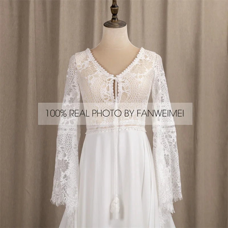 803#2021 New Design Long Lantern Sleeve Empire V-Neck Backless Small Train Beauty Backless Lace Boho Beach Wedding Dresses Women modest wedding dresses