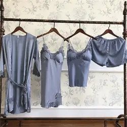 2019 осенние женские пижамные комплекты из 4 предметов шелковая ночная рубашка пижама атласная ночная сорочка с бретелями Пижама с