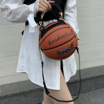 

Personality Women Round Bag Basketball Shape Creative Stripe Contrast Color Shoulder Messenger Bag Chain Pouch Crossbody Bags