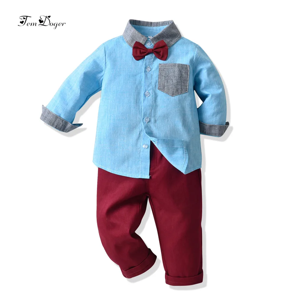 Tem doger/комплекты одежды для мальчиков коллекция года, осенняя одежда для маленьких мальчиков рубашки с длинными рукавами и галстуком+ штаны, 2 предмета, одежда для детей повседневная одежда - Цвет: A