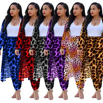 

Leopard Print Vintage Two Piece Tracksuit Women Full Sleeve X-Long Cardigan And Bandage Pants Suit Casual 2 Piece Matching Sets
