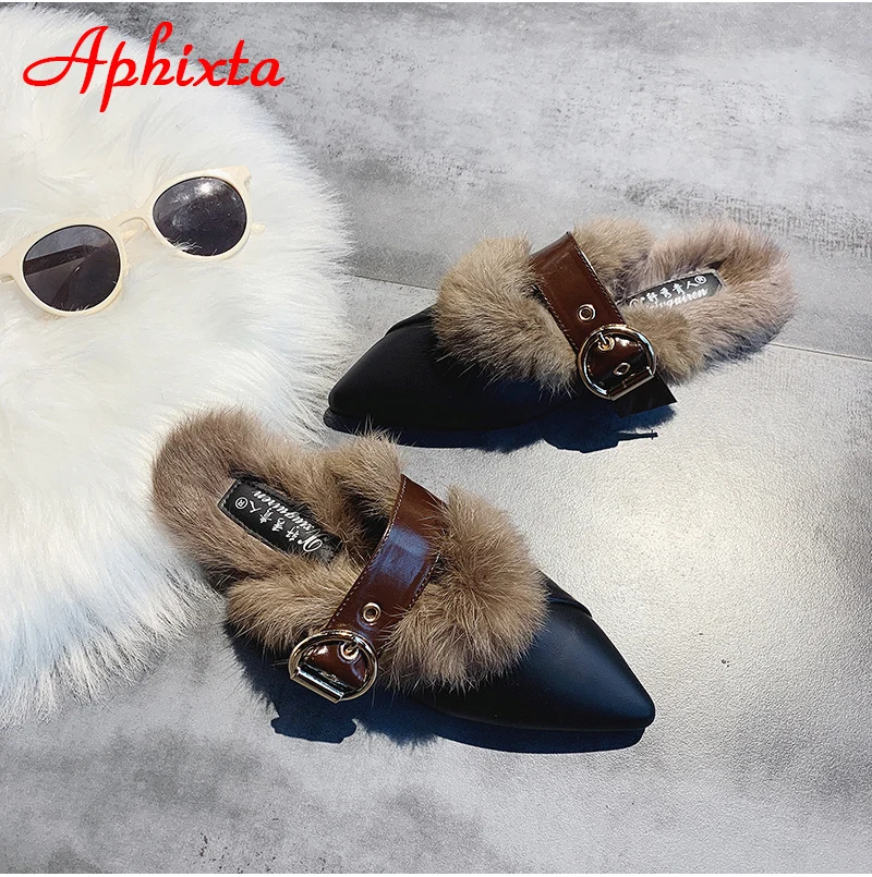 Aphixta/женские шлепанцы с острым носком; Коллекция года; обувь без задника с натуральным животным мехом; обувь с пряжкой; тапочки с натуральным мехом; женская обувь на меху