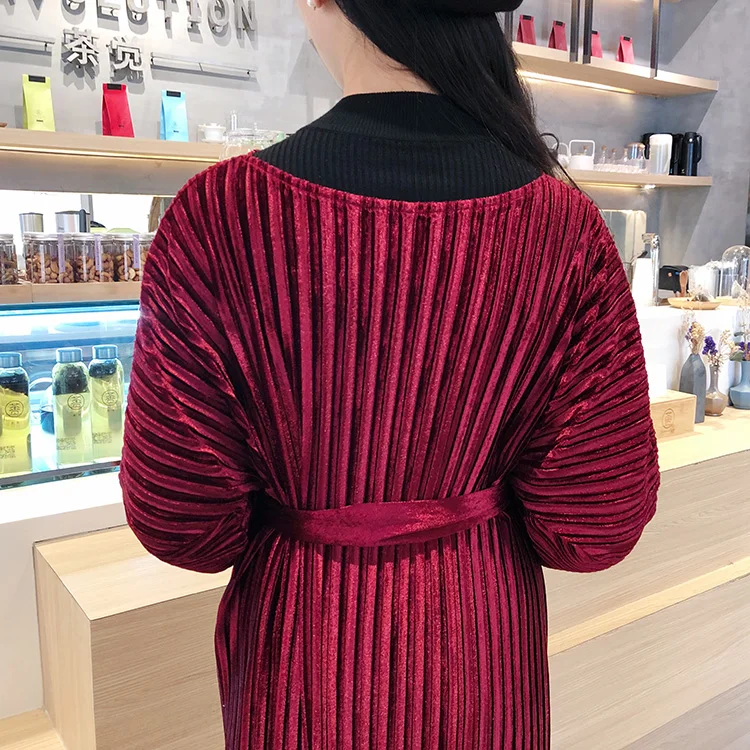 Miyake Плиссированное бархатное платье, женское Плиссированное модное тонкое платье с длинным рукавом, длинное платье, vestido, женская одежда, элегантное платье