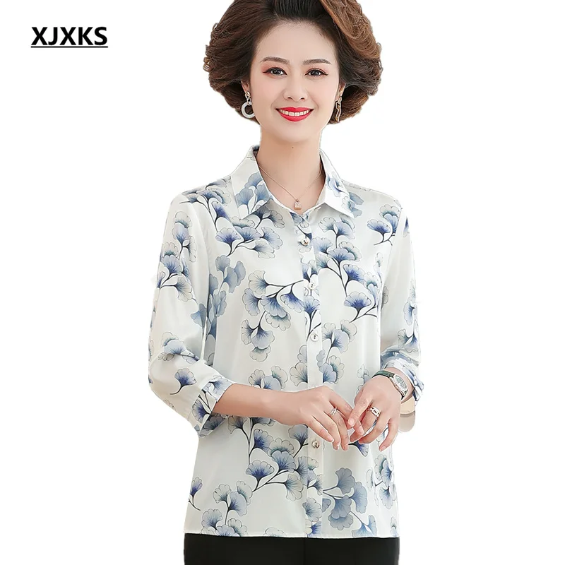 

XJXKS New 2022 Spring Autumn Loose Plus Size Women Lapel Shirt Fashion Single-breasted Blouse Women Printed Tops