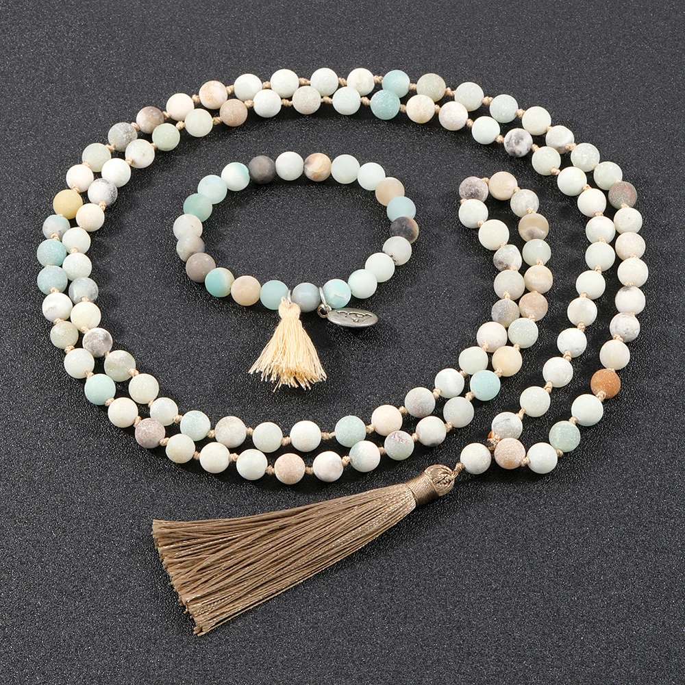 OAIITE 8mm Frosted Amazonite Mala Necklace for Women 108 Beads Knotted Necklace Yoga Rosary Stone Bracelet Japamala Jewelry Set