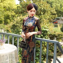 Новое поступление осенние женские китайские традиционные велюровые Платья с цветочным принтом Qipao воротник стойка Тонкий Cheongsam Плюс Размер M-5XL
