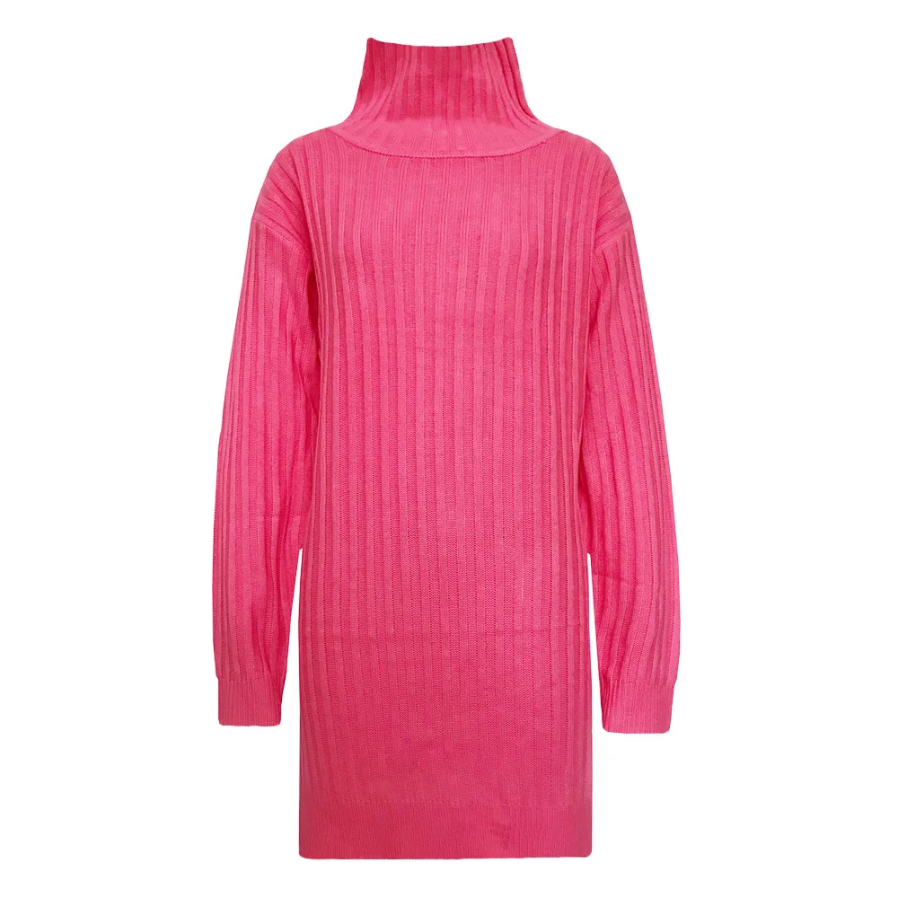 Криптографический длинный свитер, платье для женщин, Свободный Полосатый раздельный вязаный пуловер с высоким воротом, свитера, зима - Цвет: pink