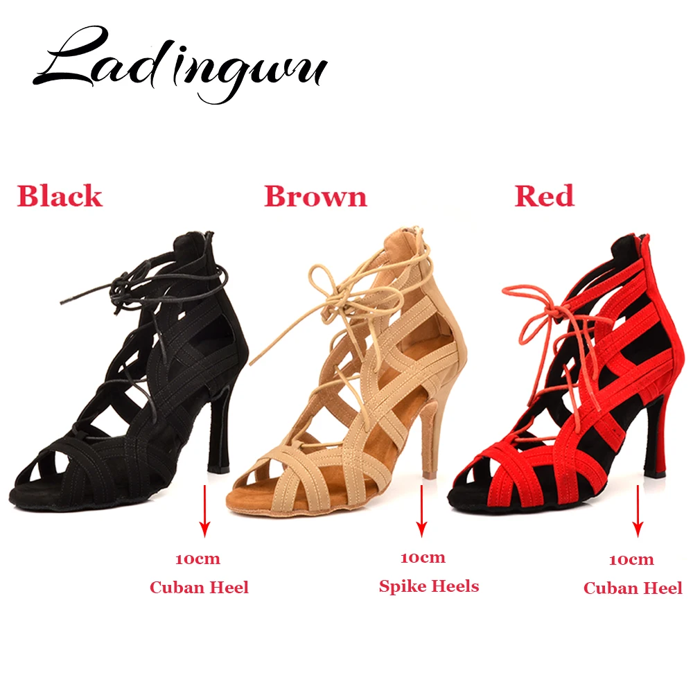Ladingwu Brands Women Latin Dance Boots Ladys Salsa Dance Shoes Brown Black Red Suede Professional Ballroom Shoes dance shoes