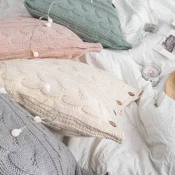 

New Icelandic Hair Pillow Cases Square Button Sofa Cushion Covers Knitted and Pure Cotton