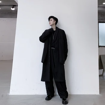 

Men Japan Streetwear Gothic Windbreaker Loose Casual Trench Coat Vintage Fashion Suit Splice Long Trench Jacket Male Outerwear