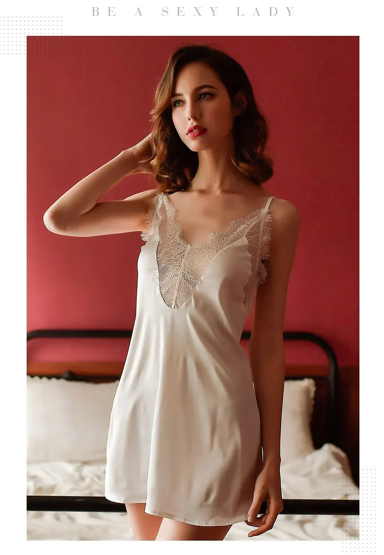 Women Thin Sexy Underwear Deep V Collar Lace Strap Dress Home Clothes Nightdress Womens Nightgown Sleepwear Night Dress Lingerie