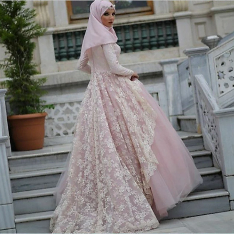 Длинные рукава мусульманские свадебные платья с хиджабом A-Line драгоценность аппликация длиной до пола арабский желинлик Свадебное Платье amanda noivas ve