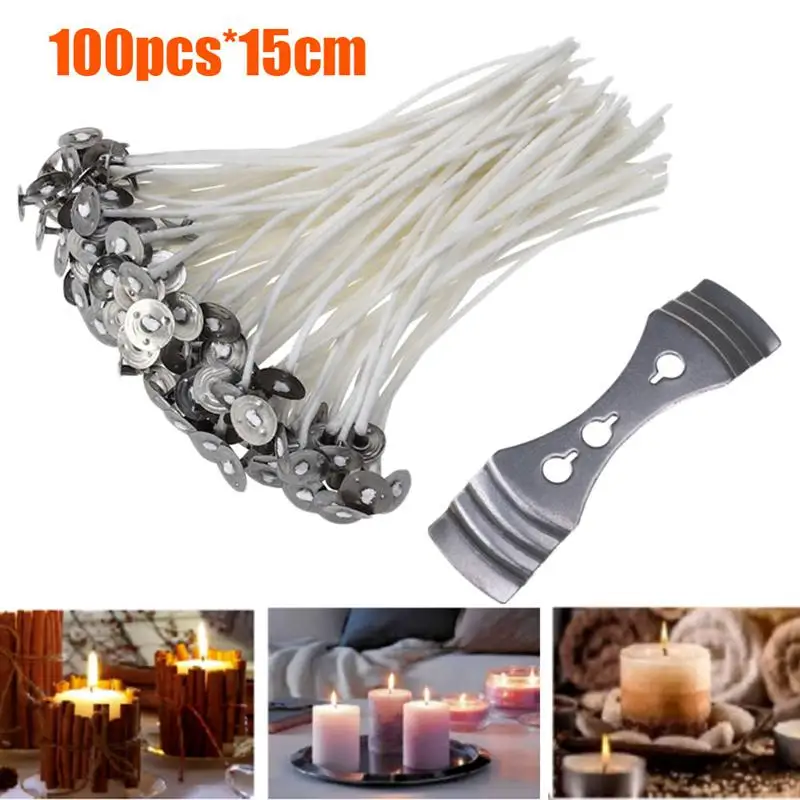 

100pcs Natural Cotton Core Candle Wick 15cm Low Smoke Pre-Waxed Candle Wicks 21 Yarn 40-Thick With Wick Holder Bracket For DIY