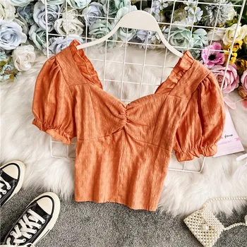 

Womens Tops and Blouses Sexy V-Neck Shirts Puff Sleeve Slim Fit Blouse Chic Korean Clothes Zip Short Tops 2020