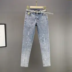 Calças de brim de diamante quente feminino maré 2021 primavera e verão nova cintura alta magro apertado fitting calças lápis