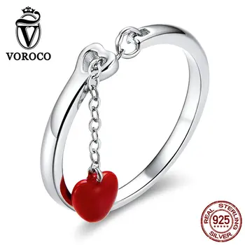 

VOROCO BKR627 Real 925 Sterling Silver Ring Adjustable Size Reddish Heartbeats Ring For Women Trendy Fine Jewelry Wedding Gift
