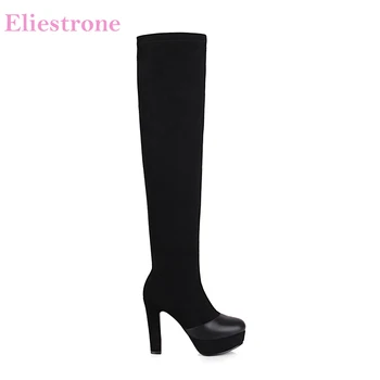 

2020 Winter New Glamour Black Women Thigh High Platform Boots Sexy Genuine Leather High Heels Lady Shoes Plus Big Size 10 43