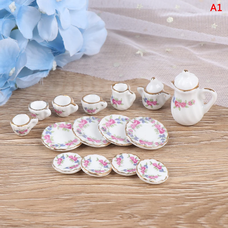 1Set Ceramic Scale 1:12 Doll House Miniature Porcelain Tea Cup Set Tableware Kitchen Dollhouse Teapot DIY Toys 18