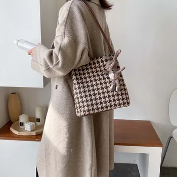 

Woolen Messenger Bag Texture Casual One Shoulder Tote Bag Casual Totes Houndstooth Canvas Handbags Top-hand Bags For Women
