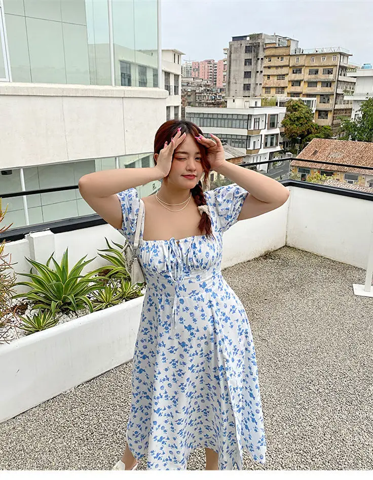 HOUZHOU Vintage Plus Size Floral Dress Women 4XL Elegant Square Collar Split A-line Midi Dress Summer Korean Fashion Streetwear