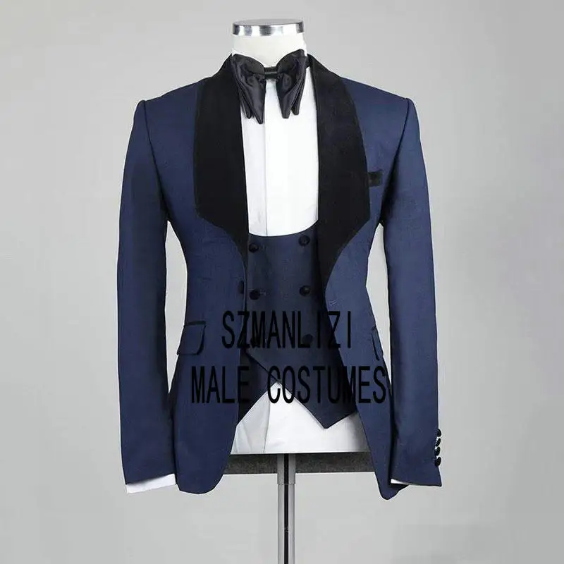 Белый итальянский дизайн мужские свадебные костюмы 3 штуки черные бархатные нагрудные костюмы жениха для мужчин смокинги жениха мужской костюм - Цвет: navy blue