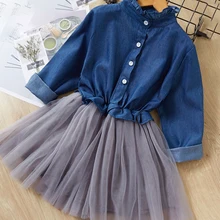 Girls Mesh Dress Autumn Princess Dresses Children Clothing Long Sleeve Spring Denim Dress for Girl Kids Dress 2 8 Years