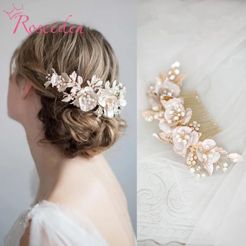 

New Arrival Antique Gold Flower Bridal Hair Comb Fresh Water Pearl Wedding Hairpiece Women hair jewelry RE3910