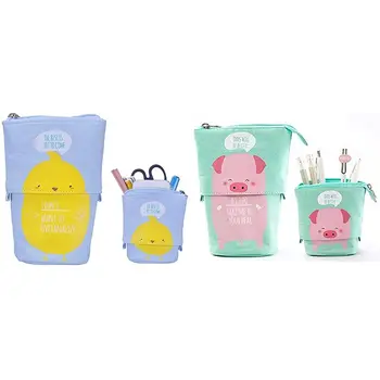 

2pcs Stand Up Telescopic Pencil Holder Transformer Pen Box Cartoon Stationery Pouch Bag - Little Yellow Duck & Pink pig