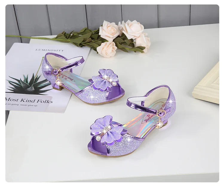 2021 Princess Kids Leather Shoes for Girls Flower Casual Glitter Children High Heel Girls Shoes Butterfly Knot Blue Pink Silver best children's shoes