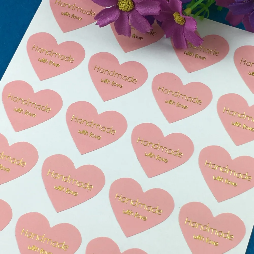 

500PCS/Lot Pink Color Thermoprinting Gold "Handmade with love" heart-shaped design Stickers Golden text Sticker Labels