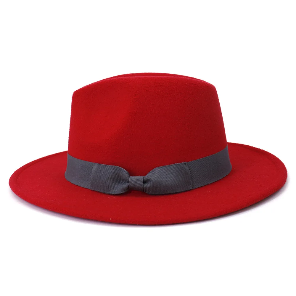 Free shipping Simple classic red jazz top hat women wide-brimmed bow fedora hat autumn and winter ladies elegant panama hat short brim fedora Fedoras