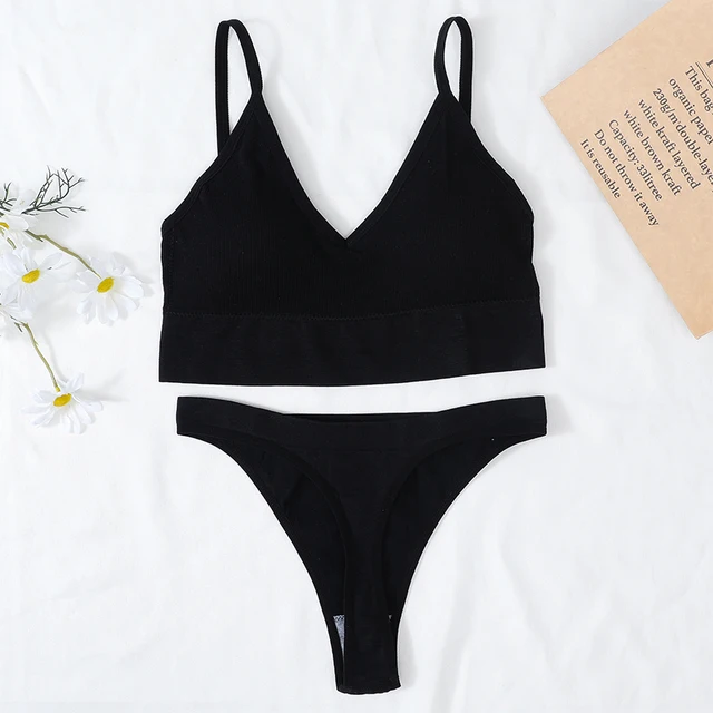Women Bra And Panties Set Sports Bra Set Sexy G-String Seamless Bra Thong Sexy Lingerie Set Fitness Crop Top Underwear Intimates Brazilian black
