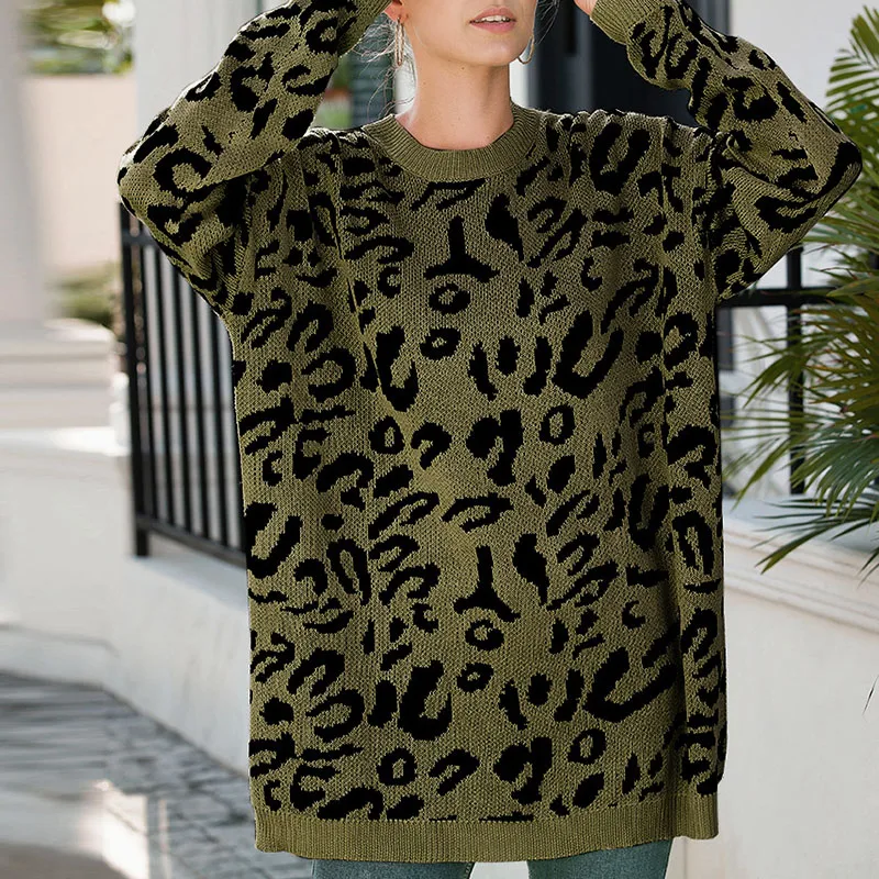 Sweater Women 2019 Autumn Winter Newly Women Loose Sweater Round Neck Long Sleeve Casual Leopard Print Sweater Tops IR-ing