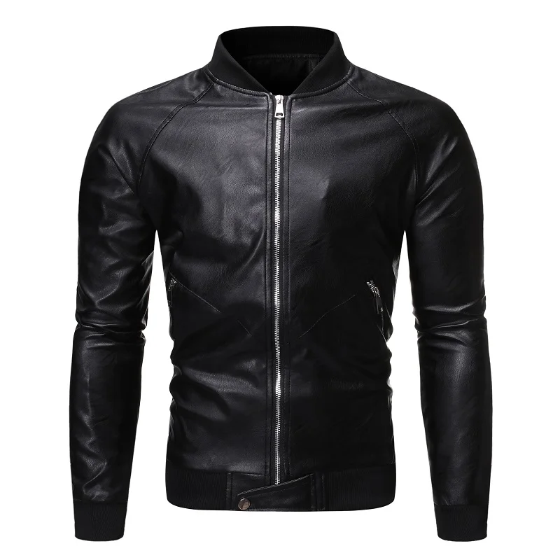 Бренд байкер кожаные куртки мужские новые пэчворк Одноцветный Lederjacke Herren классические молнии мужские мотоциклетные куртки 4XL - Цвет: Black
