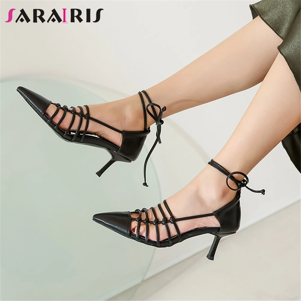 

SARAIRIS Sexy Lady 2020 Sandals Club Sandals Women Pointed Toe Genuine Leather Thin Belt Ankle Strap Thin Heel Shoes Woman