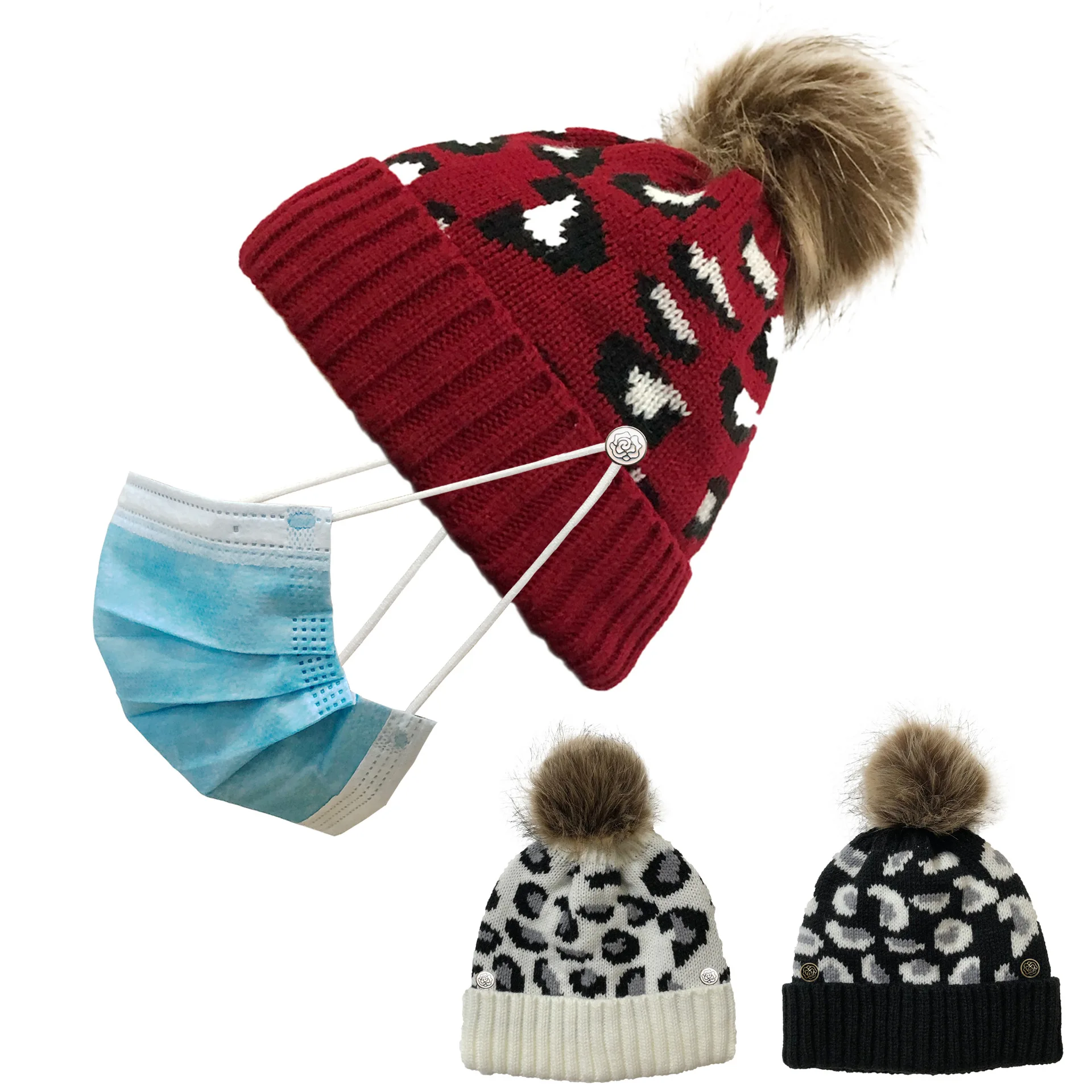 

Winter Women Mask Button Detachable Cross Horsetail Knitted Hat With Open Back Wool Thermal Cap Leopard Print Ponytail Beanie