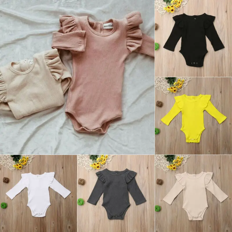 

Newborn Toddler Baby Boy Girl Ruffle Solid Color Bodysuit Jumpsuit Long Sleeve Playsuit One-Piece Outfits Cotton Clothes 0-24M