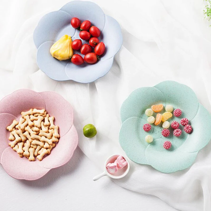 

Eco-friendly Health Plastic Candy Color Cherry Blossoms Shape Snack Fruit Bowl Plate Baby Safety Feeding Dinner Tableware
