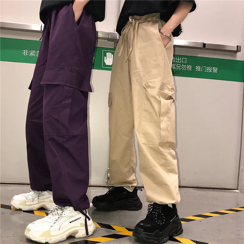 В Стиле Хип-хоп, винтажная однотонная Новая модная Корейская хипстерская женская одежда ulzzang, свободные штаны-карго с большими карманами в стиле Харадзюку