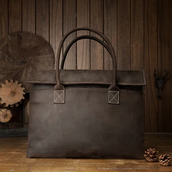 

Men's Genuine Leather Laptop Bag Crazy Horse Leather Business Handbag Durable Men Tote Bag