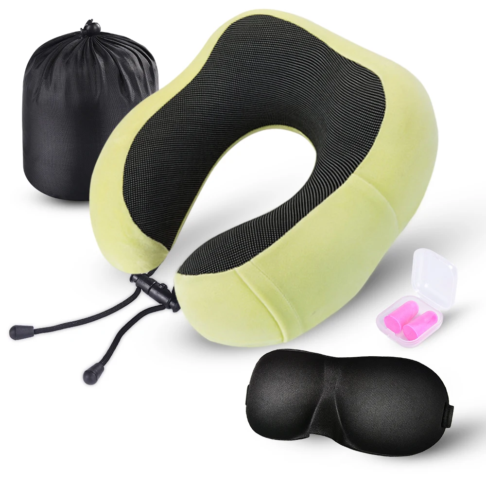 U-образная подушка для путешествий с эффектом памяти, Массажная подушка для шеи, набор для путешествий с 3D масками для глаз, беруши, роскошная сумка - Цвет: A7