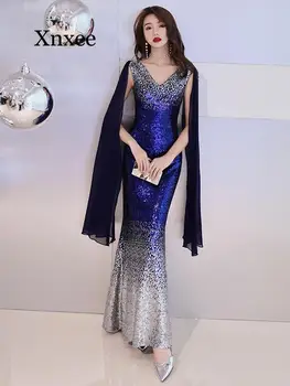 

Bling Sequins Mermaid Women Party Gowns Floor Length Double V-Neck Elegant Formal Dress Robe De Soiree