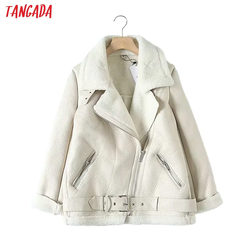 Tangada Women beige fur faux leather jacket coat with belt turn down collar Ladies 2019 Winter Thick Warm Oversized Coat 5B01